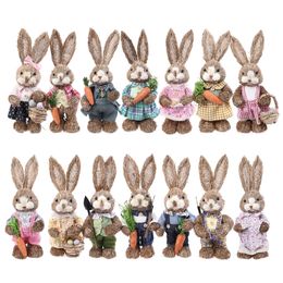 14" Artificial Straw Bunny Standing Rabbit with Carrot Home Garden Decoration Easter Theme Party Supplies 210318