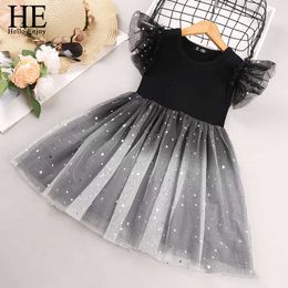 HE Hello Enjoy Girls Summer Dresses Kids Clothes 2021 New Casual Little Flying Sleeve Printed Gradient Stars Princess Dress 2-8Y Q0716