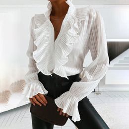 Ruffle V-neck Long Sleeve Solid Female Blouse Loose Oversize Casual Women blouses Fashion Retro Summer Ladies Pullover Tops 210518