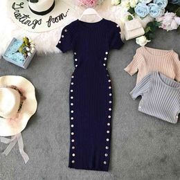 Summer Female Knitted Round Collar Short Sleeves Thin Double Row Buckle Package Hip Dress Vestidos F557 210527