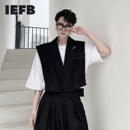 IEFB Spring Summer White Line Side Split Pullover Men's Short Black Vest Cut Out Bottom Sleeveless Waistcoat Design 9Y7274 210524