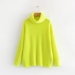 Women Neon Sweater Knitted Green Fuchsia Pink Solid Turtleneck Pullovers Long Casual Winter Loose M0027 210514