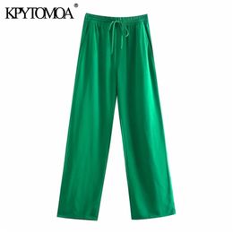 KPYTOMOA Women Chic Fashion Side Pockets Loose Wide Leg Pants Vintage High Elastic Waist Drawstring Female Trousers Mujer 210915