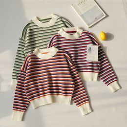 Ezgaga Women Sweater Autumn Winter Korean Fashion Ladies O-neck Contrast Color Panelled Striped Long Sleeve Pullover Casual 210430