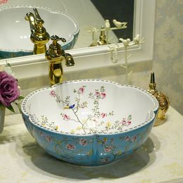 Blue and white Jingdezhen Bathroom ceramic sink wash basin Counter Top Wash Basin Sinks antique vanity flower birdgood qty