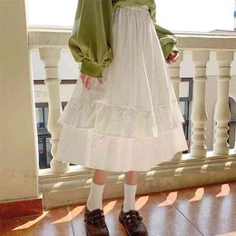 Women Kawaii Skirts Ruffles Ulzzang Summer Trendy A-Line College Girls Skirt Pleated All-Match Chic Mid-Calf Lady Clothes 210712