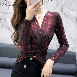 Spring Women Tops Shine Slim Short Sleeve T-shirt Casual Long Sleeve Woman Stylish Bright Glitter Tshirt Streetwear T07204B X0628