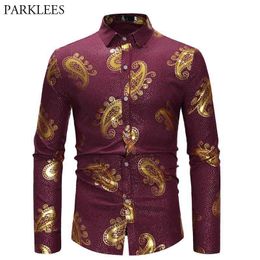 Men's Wine Red Paisley Print Long Sleeve Shirt Casual Slim Fit Premium Dress Shirt Men Business Social Polk Dot Chemise Homme XL 210522