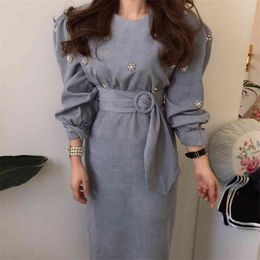 Autumn Korean Chic Casual Long Dress Women Retro Corduroy Belt Female Vintage Elegant Party Robe Femme Vestidos 210514