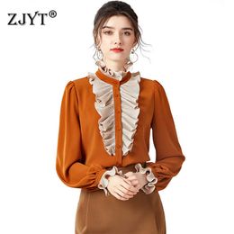 High Quality Runway Designers Spring Elegant Ruffles Patchwork Flare Sleeve Women Blouses Office Lady Shirts Fashion Party Tops 210601