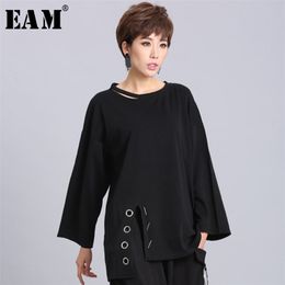 [EAM] New Spring Summer Black Full Sleeve O Collar Split Pullover Personality Women Fashion Tide Loose Casual T-shirt OA881 210324