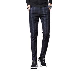 Black Striped Pencil Pants Mens Smart Casual Fashion Breathable Office Slim All-Match Trousers for Male Clothing 210601