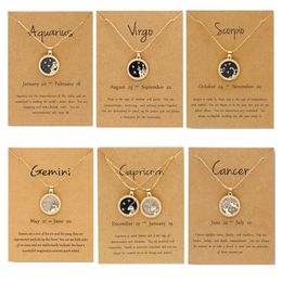 Fashion 12 Constellation Necklaces For Women Men Gold Chain Zodiac Sign Round Pendant Necklace Black and White Couple Jewellery Birthday Gift