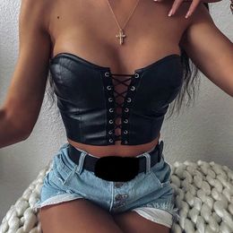 Women's PU Wrapped Bustiers Tops Hollow Out Criss-Cross Bandage Slim Tank Top Sexy Lady BacklFaux Leather Crop Tops Vest X0507