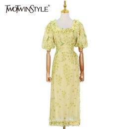 Yellow Print Dress For Women Square Collar Puff Short Sleeve High Waist Elegant Midi Dresses Female Summer 210520