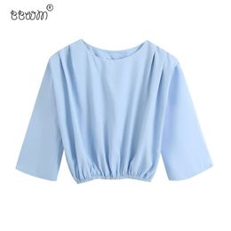 Women Fashion Chic Shoulder Pads Pleated Cropped Blouses Vintage O Neck Elastic Hem Shirts Girls Chic Tops 210520