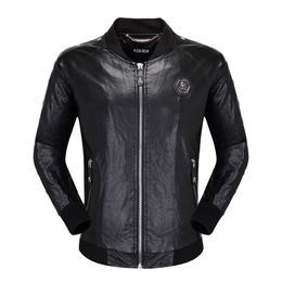 Plein bear jaqueta masculina de couro sintético, jaqueta fina de couro sintético para outono e inverno, casacos de manga comprida para motocicleta 84163