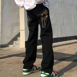 Pantalones vaqueros Retro con bordado de personalidad para hombre Jeans informales holgados calle alta europea y americana estilo Hip 0309