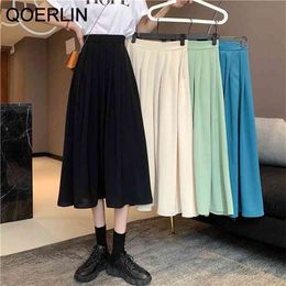 Casual Lace-up Women Pleated Mid-length Skirts Summer High Waist Female A-line Long Elegant Loose 210601