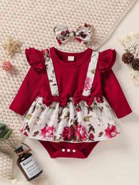 Baby Floral Print Bow Front 2 In 1 Combo Bodysuit Dress With Headband SHE