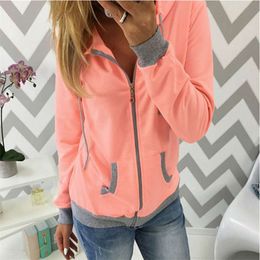 Women's Spring Winter Hoodies Long Sleeve Patchwork Colours Sweatshirts Casual Pockets Zipper Hooded Ladies Outerwear Clothing 210927