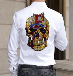 Rhinestones Skull T Shirt Men Fashion Streetwear long Sleeve Slim shirts Plus Size 4XL