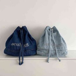 Yeqofcd Girls Vintage Denim Backpack Letter Embroidered Jeans Daypack Travel Bag Drawstring Backpacks School Bookbag Rucksack Y1105