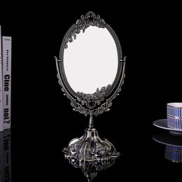 Mirrors Vintage Makeup Desk Mirror Two Sided Swivel Desktop Oval With Metal Embossed Frame And Stand For Bedroom