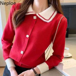 Neploe Woman Sweaters Spring Red Knitted Pullovers Pull Femme Peter Pan Collar Single Breasted Jumper Chic Jumper Tops 210422