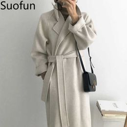 Long Sleeve Casual Vintage Belt 2021 New Fashion Long Autumn Faux Wool Blend Woolen Coat Winter Warm Women Warm Wool Coat S0903