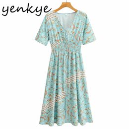 Elegant Woman Floral Print Lady Dresses Short Sleeve V Neck Elastic Waist A-line Midi Summer Dress Plus Size Vestido 210514