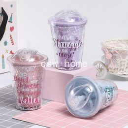 Plastic Water Bottle Double Layer With Straw Summer Bling Pink Girls Bottle Breakfast Milk Juice Cup Gift
