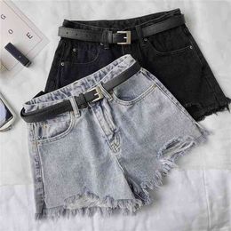 Summer Women Hole Denim Black Shorts High Waist With Belt Casual Female Solid Color Frayed Blue Jeans 210722