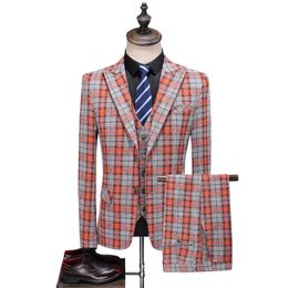 (Jackets+Vest+Pants)2020 Men's Slim Fit Groom Wedding Dress Plaid Formal Suits Set Mens Fashion Casual Business 3 Pcs Blazers X0909