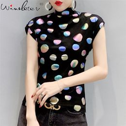 New Cotton Women T-shirts Casual Dolka Dot Printed Tops Tee Summer Female Short Sleeve Stretchy T shirt Womens Clothing 210317