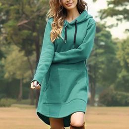 Casual Dresses 2021 Warm Women Long Length Loose Solid Drawstring Hoodie Pullover With Big Pocket Thickness Standard Gift
