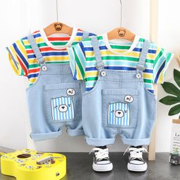 Clothing Sets Boys Stripe T-shirt+denim Suspender Pants 2 Pcs Suit 2021 Summer Short Sleeve Kids Girls Cute Clothes Overalls Baby Outfits