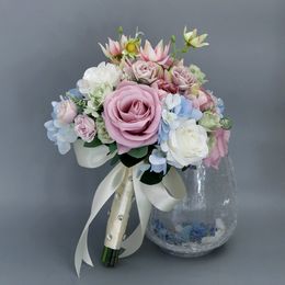 Lovely Pink Bridal Bouquets Wedding Flowers Decorations Blue Ivory 20*28cm