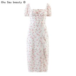 French Vintage Puff Sleeve Bodycon Skirt Hem Slit Summer Women's Short Square Collar Floral Long Dress Fashion 210514