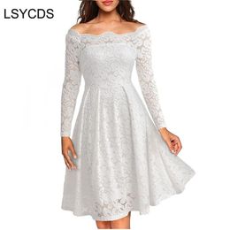 Woman Dresses Long Sleeve Slash Neck Wedding Party Wear Casual A-line Sexy Red Black White Lace Dress Plus Size S-3XL 210319