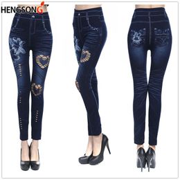 Plus Size Women Jeans Leggings Fashion High Waist Female Flowers Print Ankle-Length Pants Hollow Denim Leggins Women's