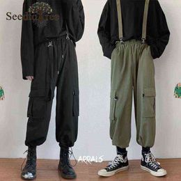 Solid Color Men Casual Pants Overall Loose Straight Leg Cross Ankle Length Cargo 0124