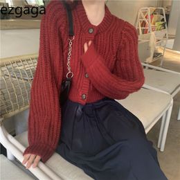 Ezgaga Red Knitted Sweater Women Winter New Fashion Elegant O-Neck Thick Loose Ladies Knit Cardigan Warm Outwear Crop Tops 210430