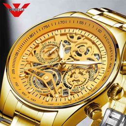NIBOSI Mens Watches Luxury Brand Fashion Gold Skeleton Quartz Watch Men Sport Wristwatch Waterproof Clock Male Relogio Masculino 210804