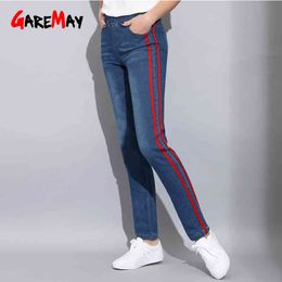 5XL Plus Size Denim Skinny Jeans Women Pencil Pants Women's Mid Waist Side Striped Trousers Casual Slim Female 210428