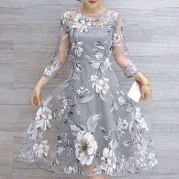 -Casual Dresses Frauen Elegante Sommer Organza Floral Print Langarm Oansatz Taille Kleid Eigentlich Party Ball Prom Prom Kleid Vestidos