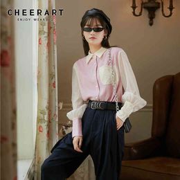 Pink Color Block Lantern Sleeve Button Up Shirt Women Long Blouse Casual Ruched Top Fall Korean Fashion Clothing 210427