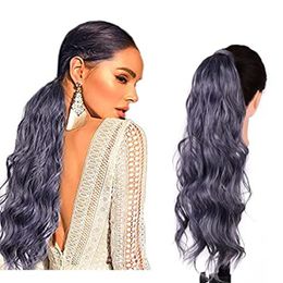 Grey Wavy Ponytail Extension for Black Women human Wrap Around grey Ponytail Long Curly Wave Clip in Magic Paste Hairpiece 22inch