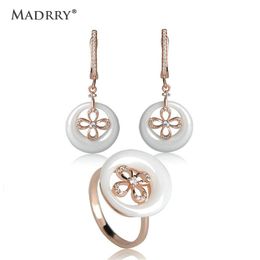 Earrings & Necklace Madrry Ceramic Dangler Ring Jewellery Sets + Zircon Flower Dangle Earring Porcelain Copper Wedding For Women