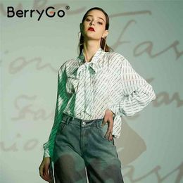 BerryGo Office ladies tie-neck women blouse shirt Summer spring long sleeve blouses Elegant bow work wear female top pink blusas 210323